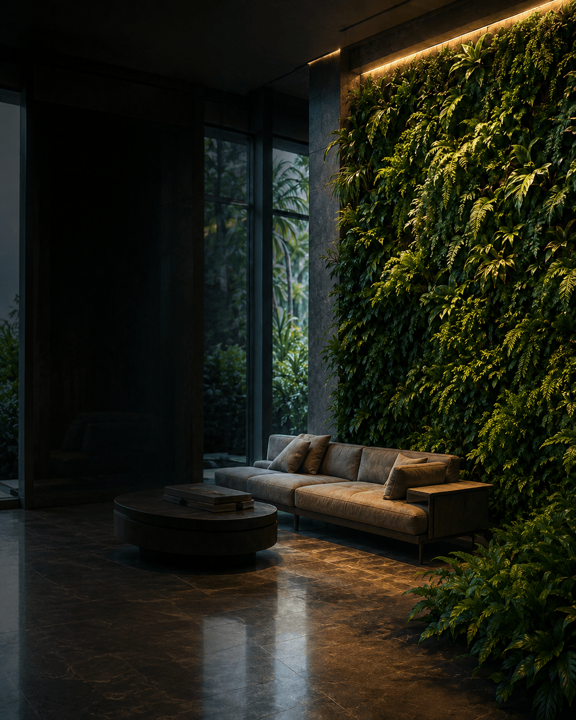 Living wall and botanical installation cared for as a client-facing living asset.
